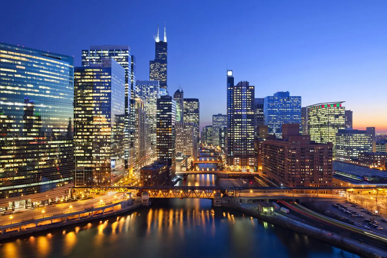 Chicago skyline at dusk over the river